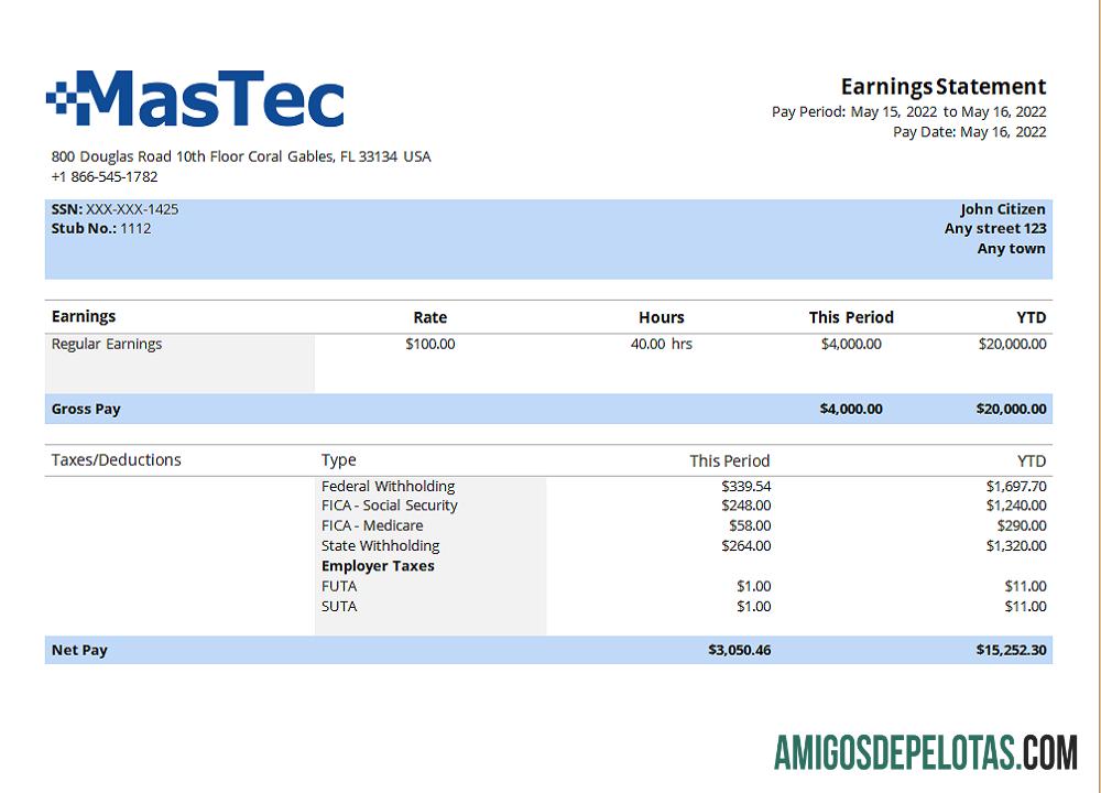 Folha de funcionário da empresa de engenharia dos EUA Mastec exemplo